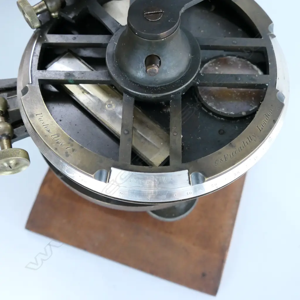 BRASS THEODOLITE  BY PASTORELLI & CO., 208 PICCADILLY, LONDON, ENGLAND, c.1859 -1875. IN TAPERING BOX Image 1++